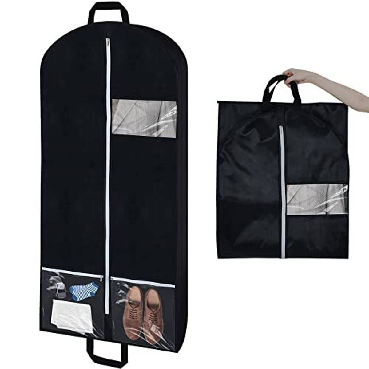 Black hanging garment bag with front zipper, clear window pocket, and bottom storage panel