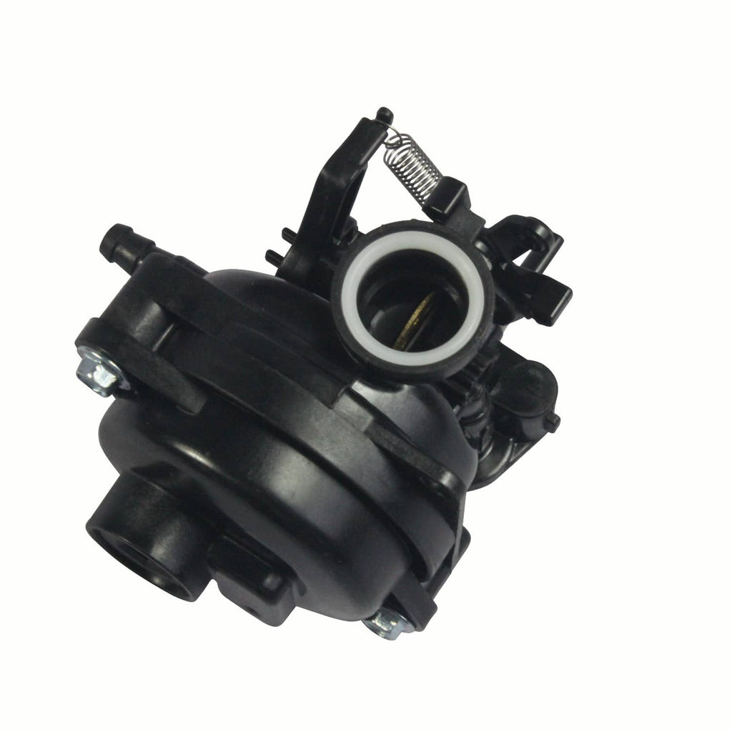 Black carburetor with round throttle body opening and metal spring arm