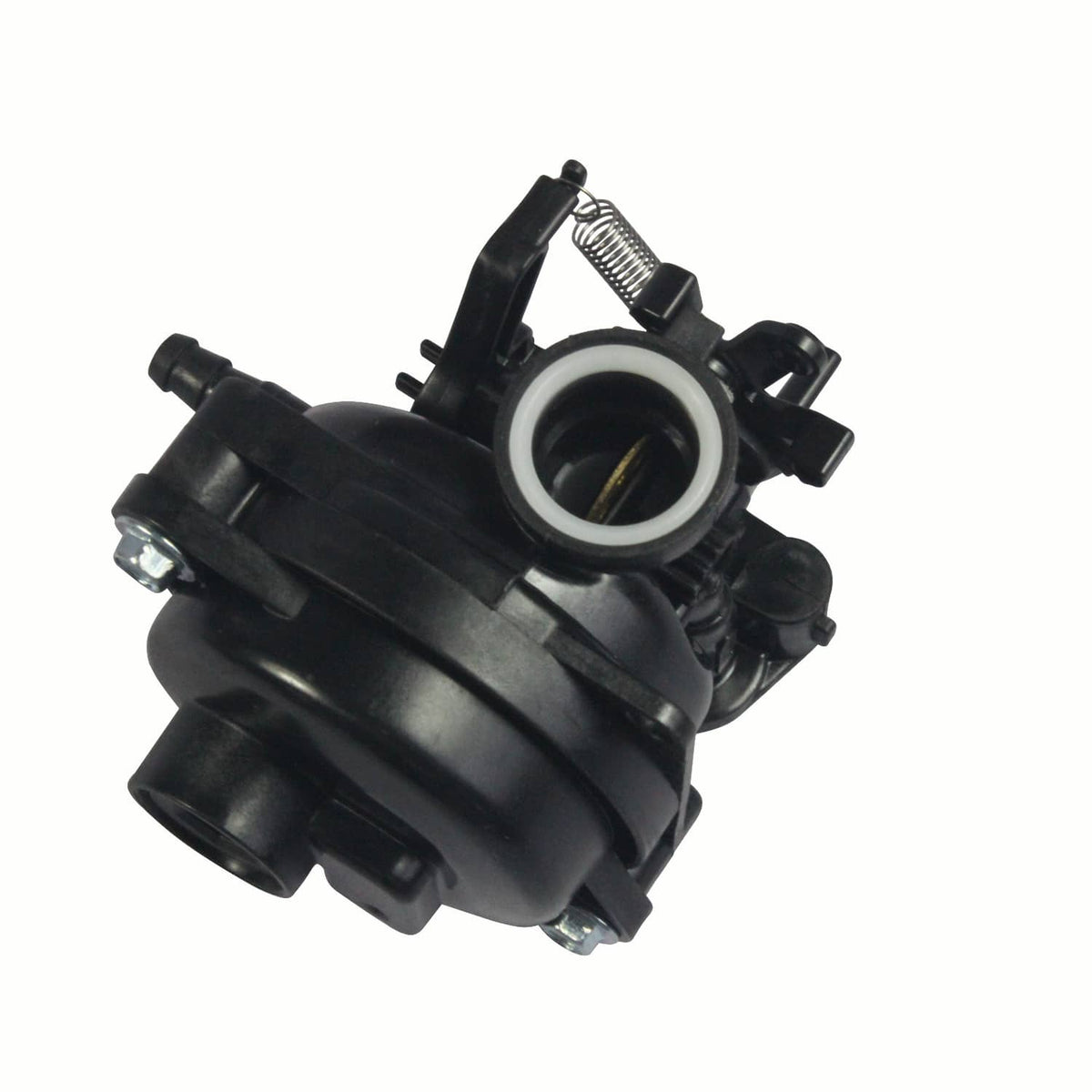 Black carburetor with round throttle body opening and metal spring arm