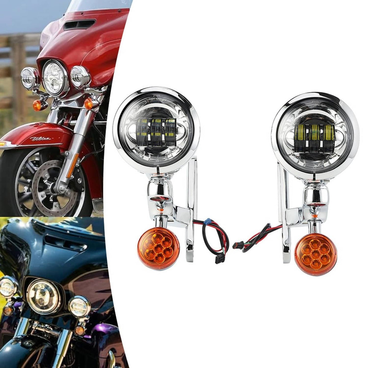 Pair of chrome LED spot fog lights with amber turn signal markers and bracket