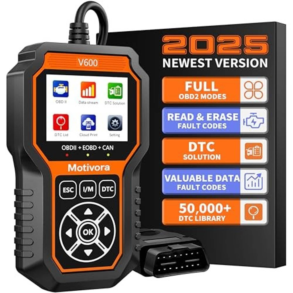 OBD2 diagnostic scan tool with V600 screen, circular controls, and accessory OBD cable