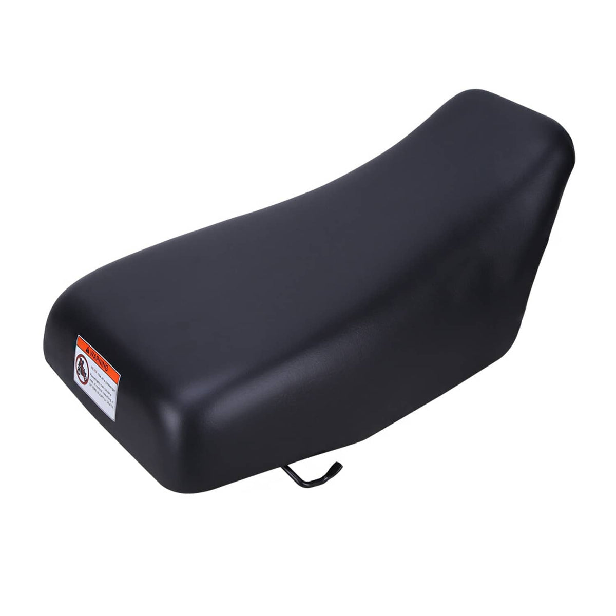 Black ATV seat with curved top and front warning label; mounting bracket visible