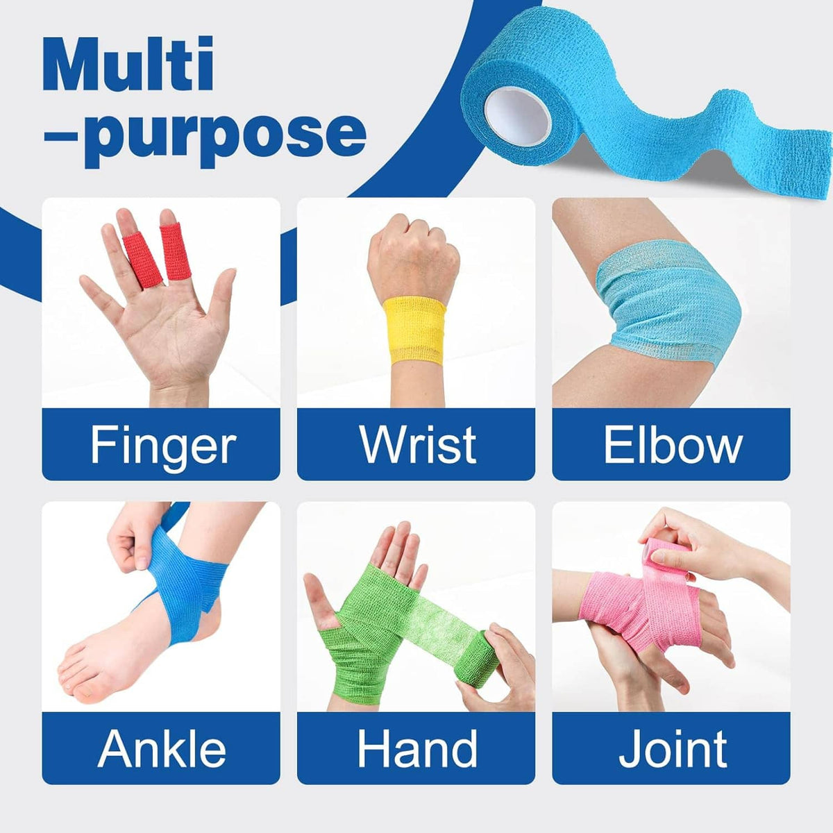 Self-adhesive bandage wrap applied to finger, wrist, elbow, ankle, hand, and joint