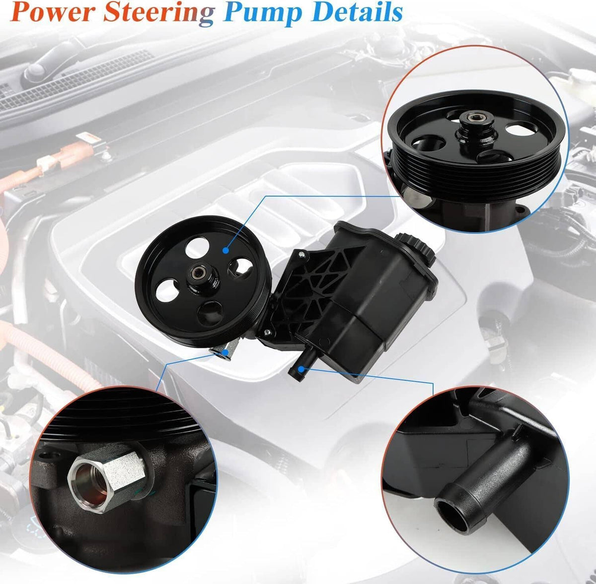Power steering pump with reservoir and pulley, details of black pulley and reservoir outlet