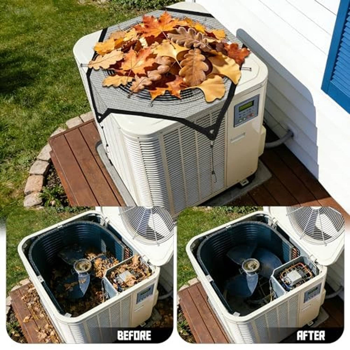 Outdoor AC unit cover with mesh top and black bungee straps securing it