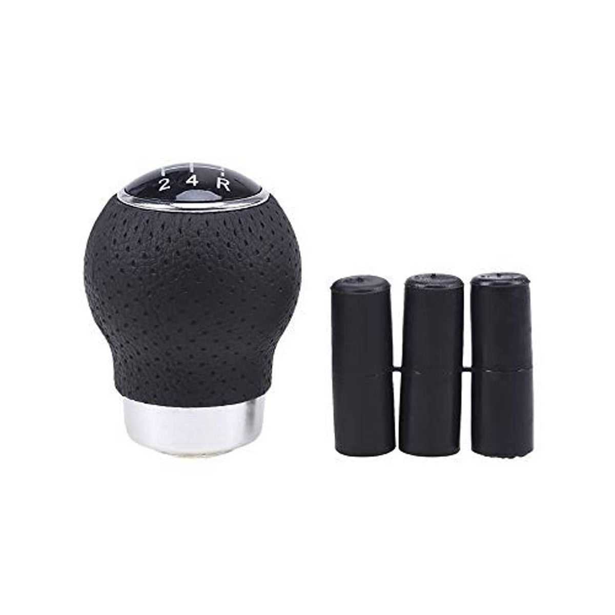 Black 5-speed gear shift knob with silver base and three black installation sleeves