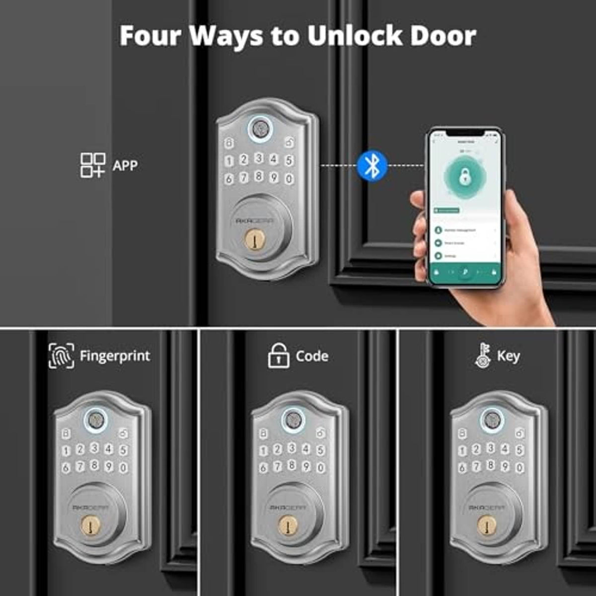 Smart door lock with keypad, fingerprint, code, and key options shown on phone