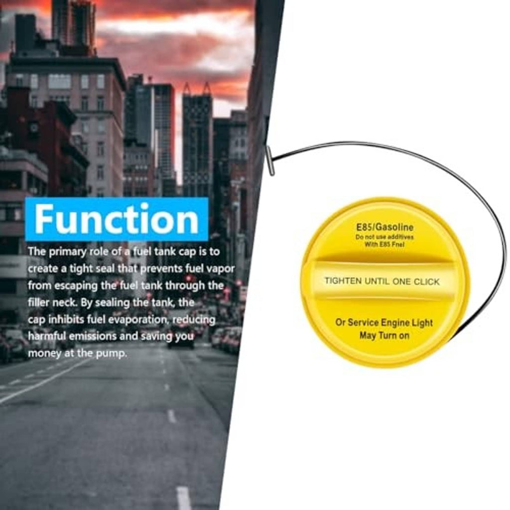 Yellow fuel tank filler cap with black tether and E85/Gasoline warning wording