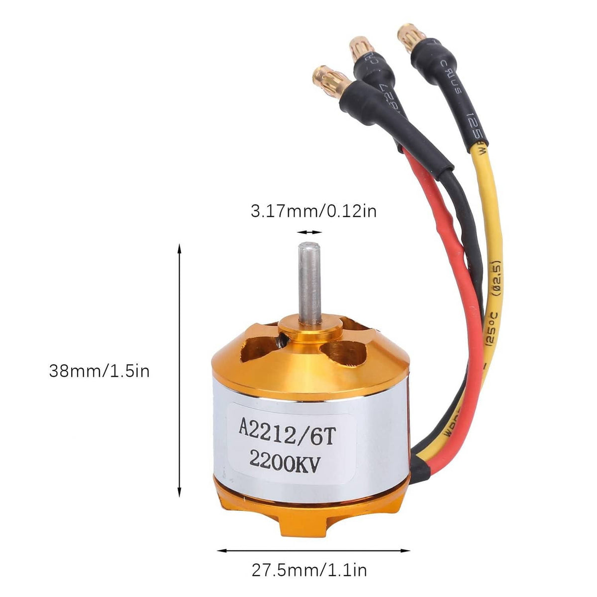 Gold brushless RC motor with white label and red/black wire leads