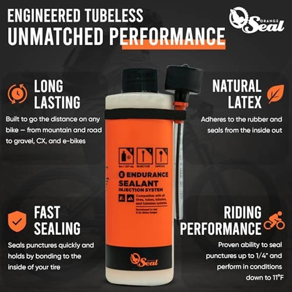 Orange bike tire sealant bottle with injector nozzle, front view on product graphic