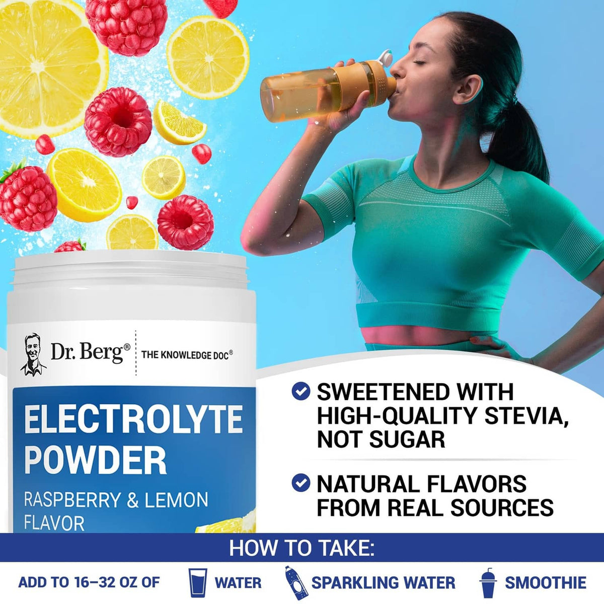 Electrolyte powder jar beside woman drinking from a water bottle