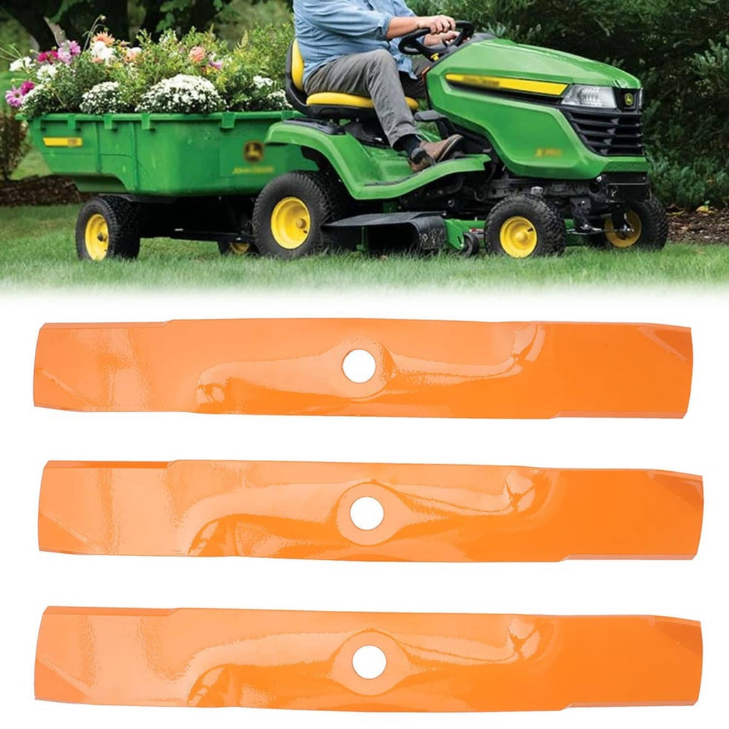 Three orange mower blades, each with a center mounting hole, close-up set