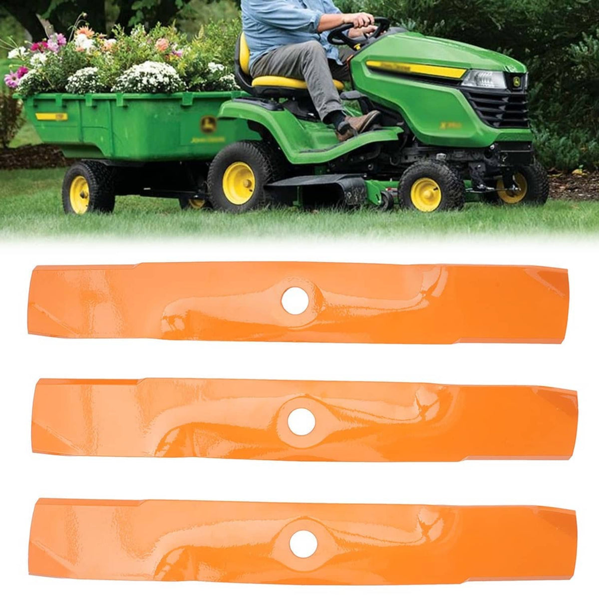 Three orange mower blades, each with a center mounting hole, close-up set