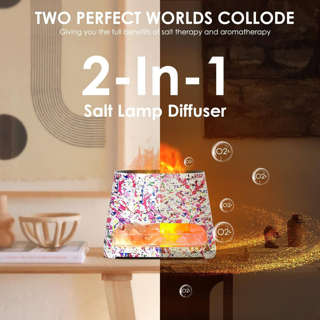 2-in-1 Himalayan salt lamp diffuser glowing with orange salt rocks in front tray