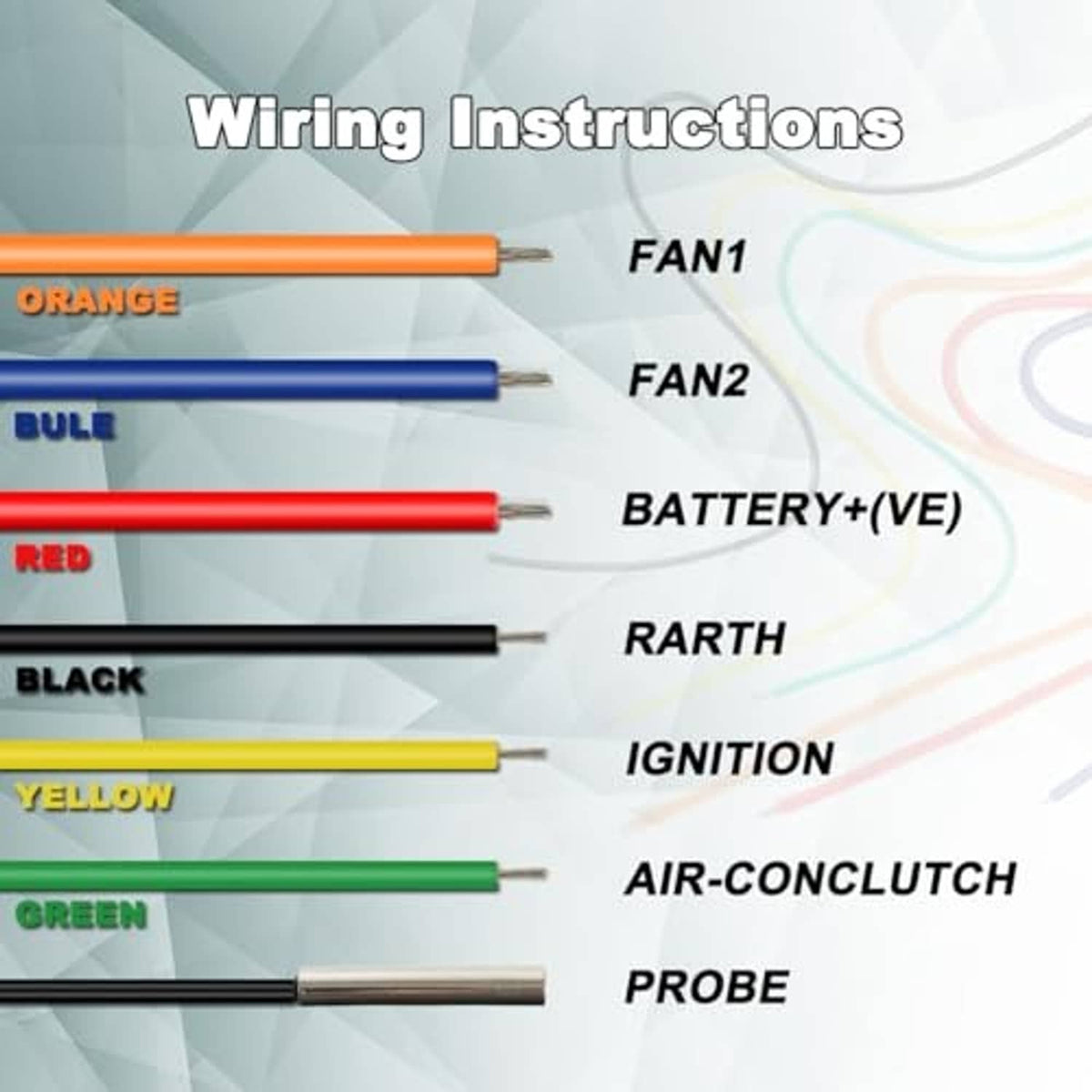 Thermatic fan switch wiring lead set with colored cables, terminals, and sensor probe