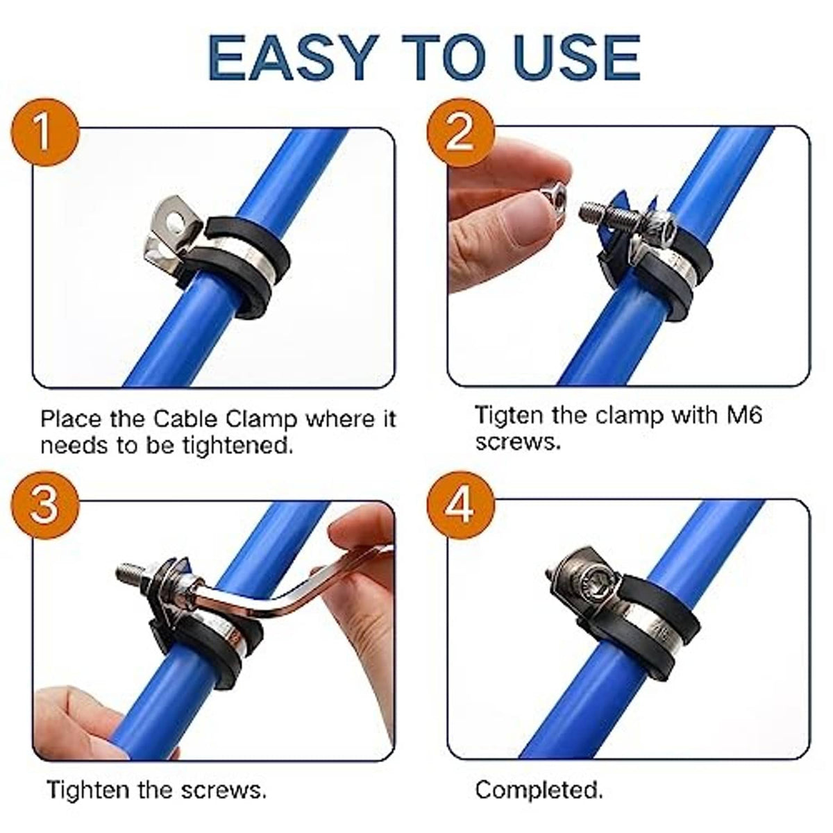 Stainless steel cable clamp with rubber insert and visible screw tightening parts
