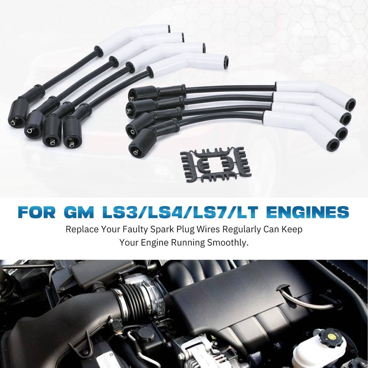 Spark plug wire set with alternating black and white boots and included retainer clips