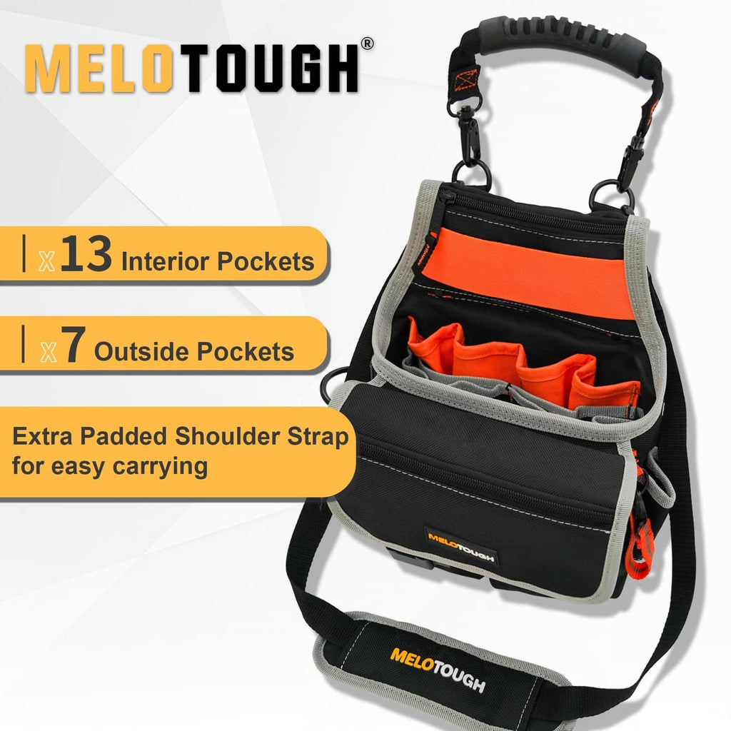 Black tool pouch bag with padded shoulder strap, orange interior lining, and multiple exterior pockets