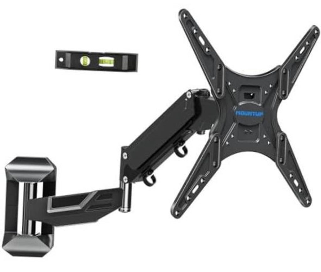 Black height-adjustable TV wall mount with articulated arms and mounting plate