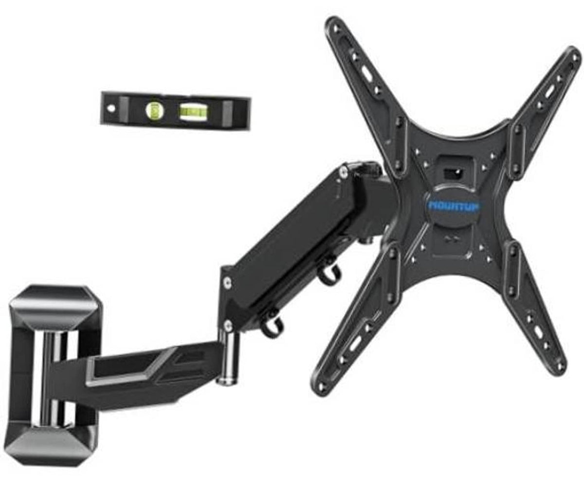 Black height-adjustable TV wall mount with articulated arms and mounting plate