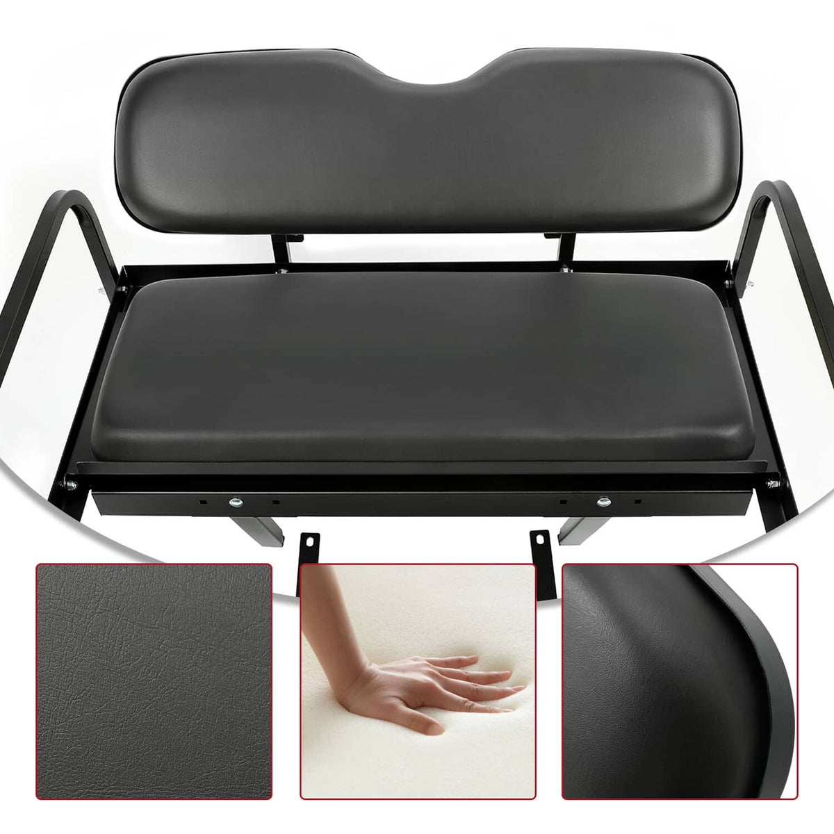 Dark gray padded rear seat and backrest cushions with black mounting base