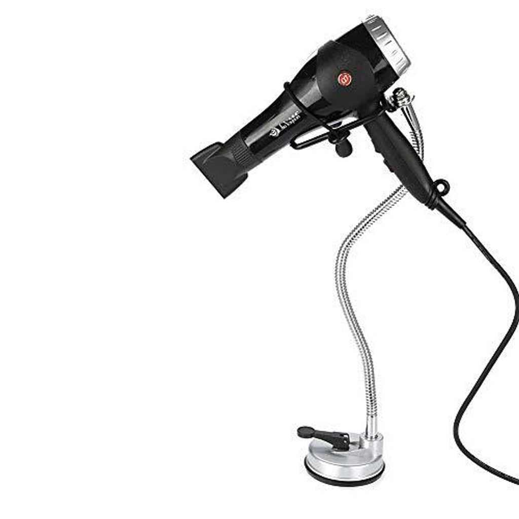 Hands-free hair dryer holder with black hair dryer, silver suction base, flexible tube