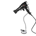 Hands-free hair dryer holder with black hair dryer, silver suction base, flexible tube