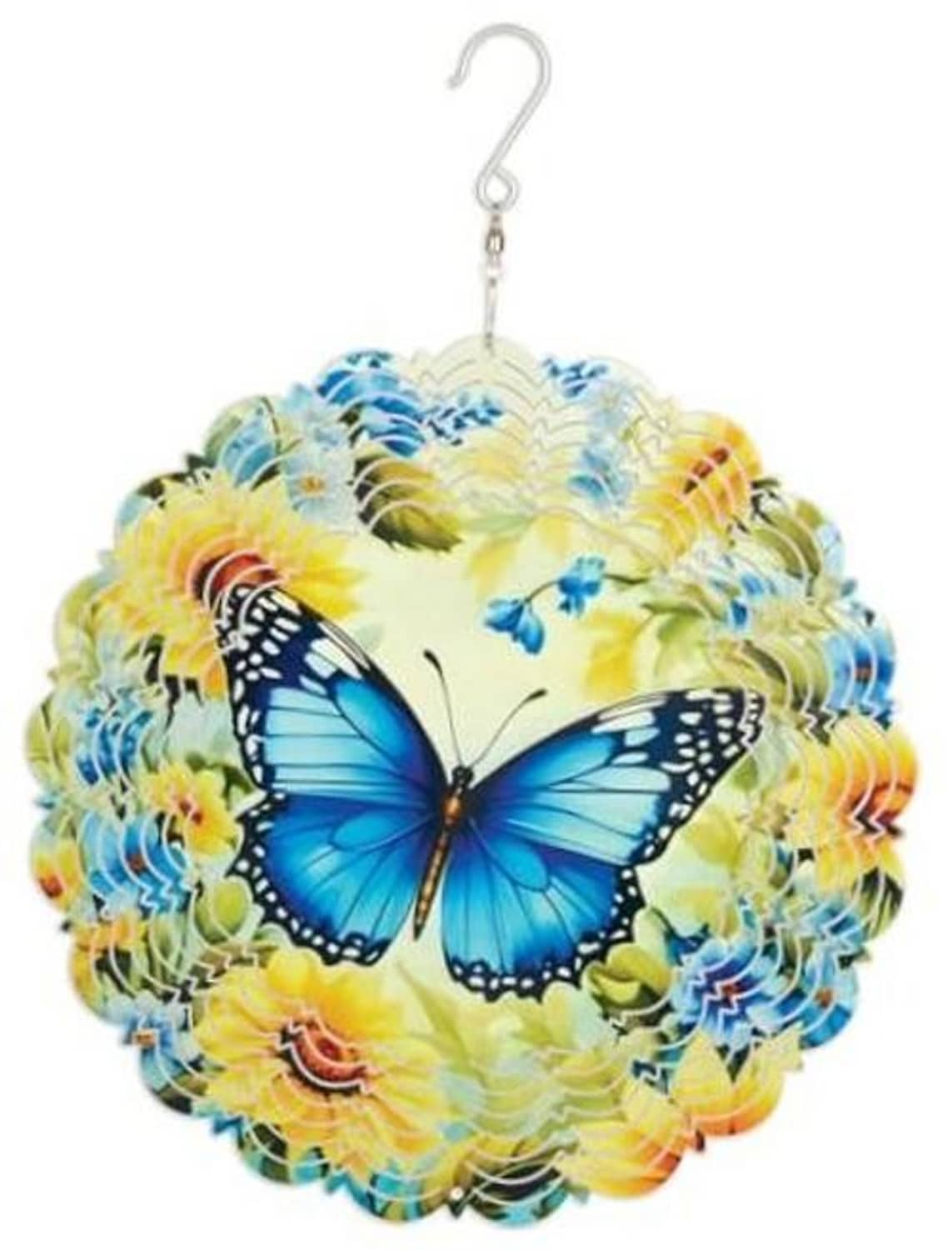 Butterfly hanging wind spinner with round yellow-blue ribbon swirl and metal hook