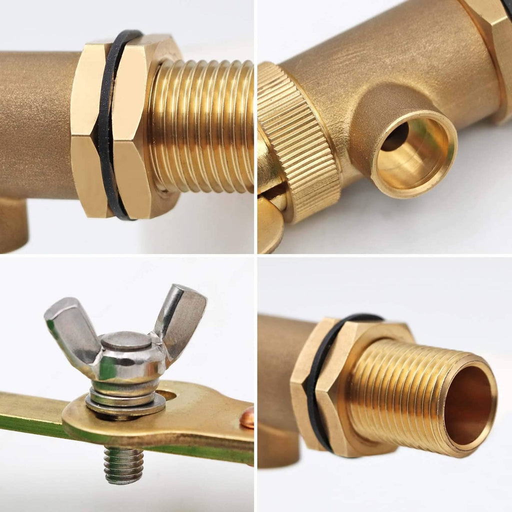 Brass water float valve close-up: threaded connection and internal nozzle
