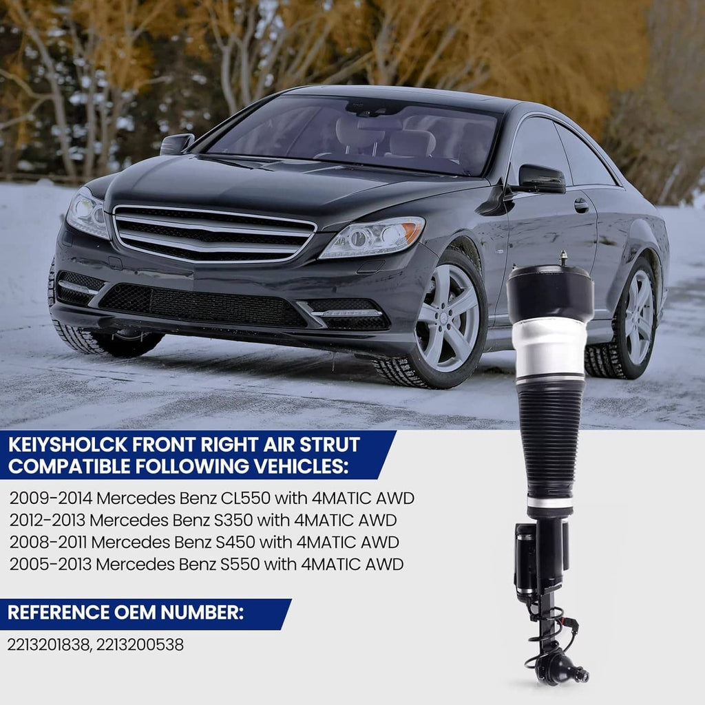 Right front air suspension strut for vehicle fit, black and silver body with bellows
