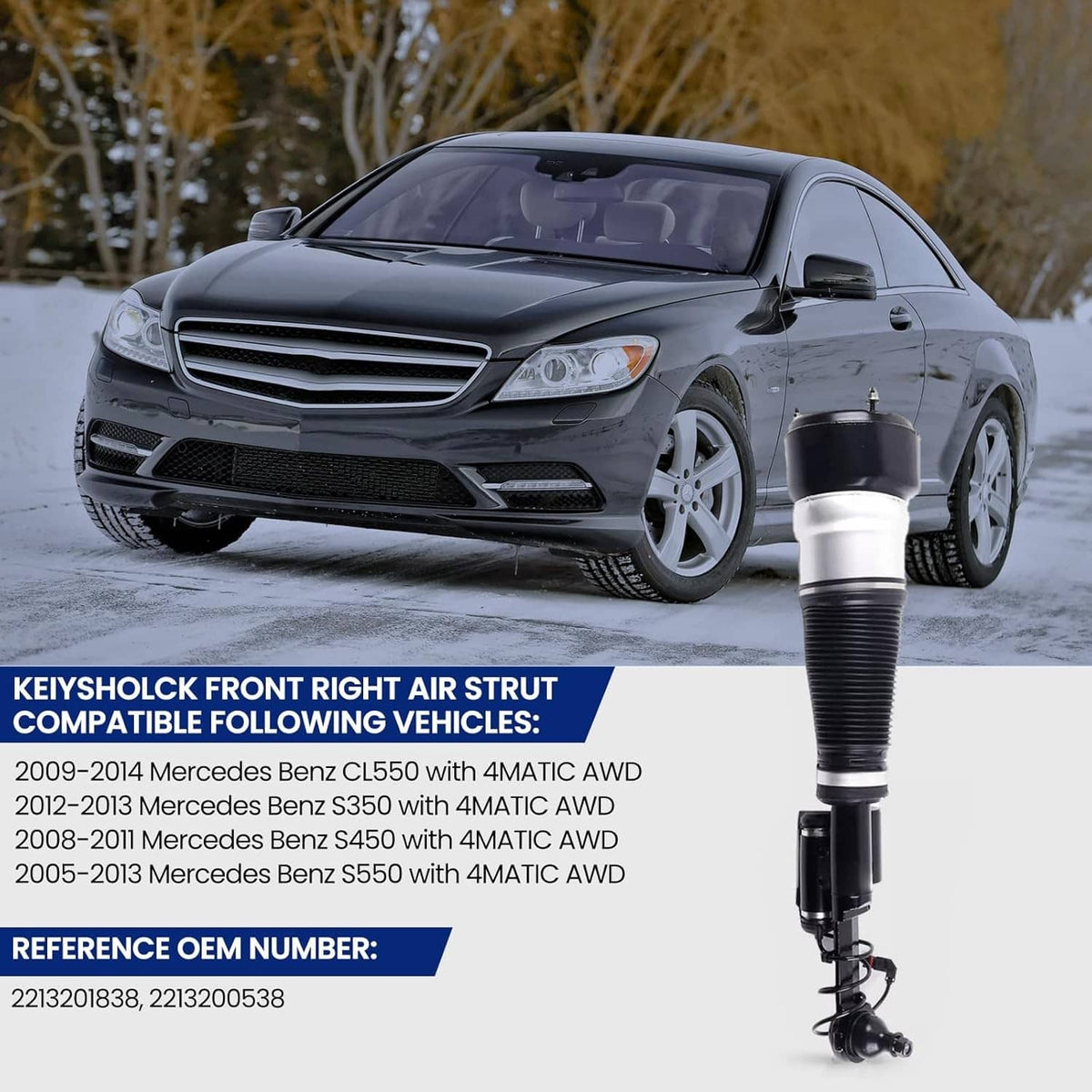 Right front air suspension strut for vehicle fit, black and silver body with bellows