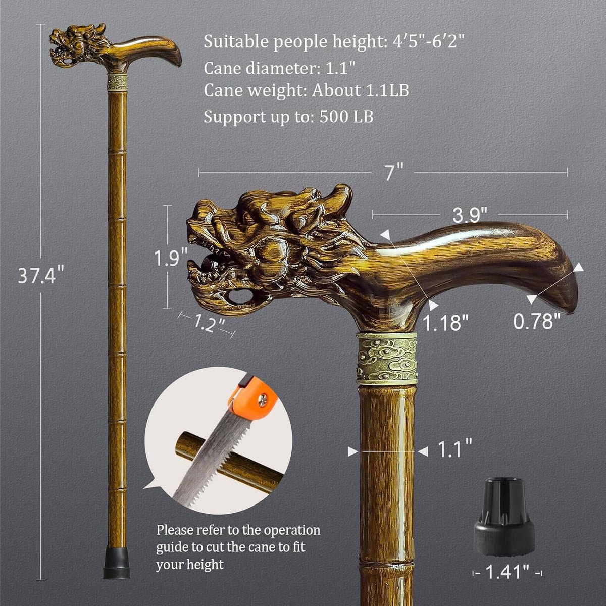 Wooden cane with dragon-carved head and decorative ring, full-length view with tip