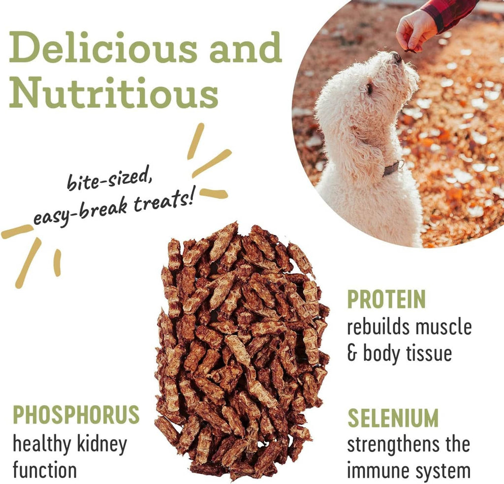 Duck treat pile with nutrition callouts and bite-sized packaging layout