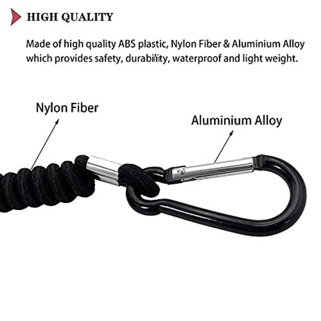 Black coiled lanyard cord with metal connectors and molded safety loop ends.