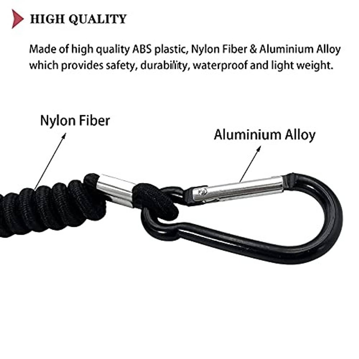 Black coiled lanyard cord with metal connectors and molded safety loop ends.
