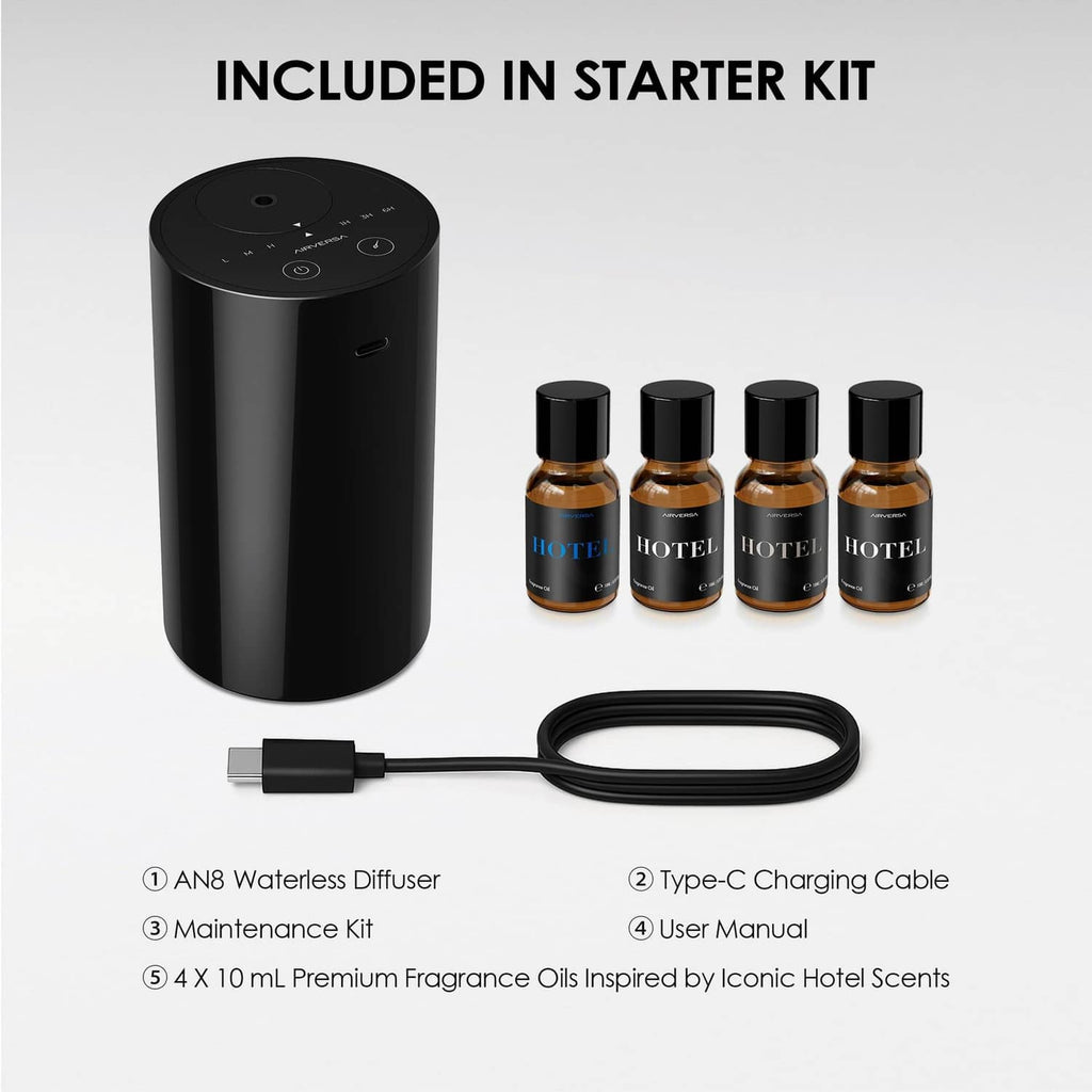 Black waterless diffuser starter kit with 4 oil bottles and Type-C cable