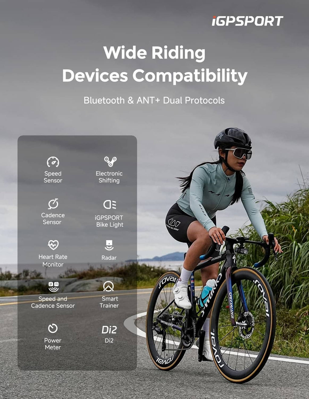 GPS bike computer with sensor and compatibility icons on screen, black body