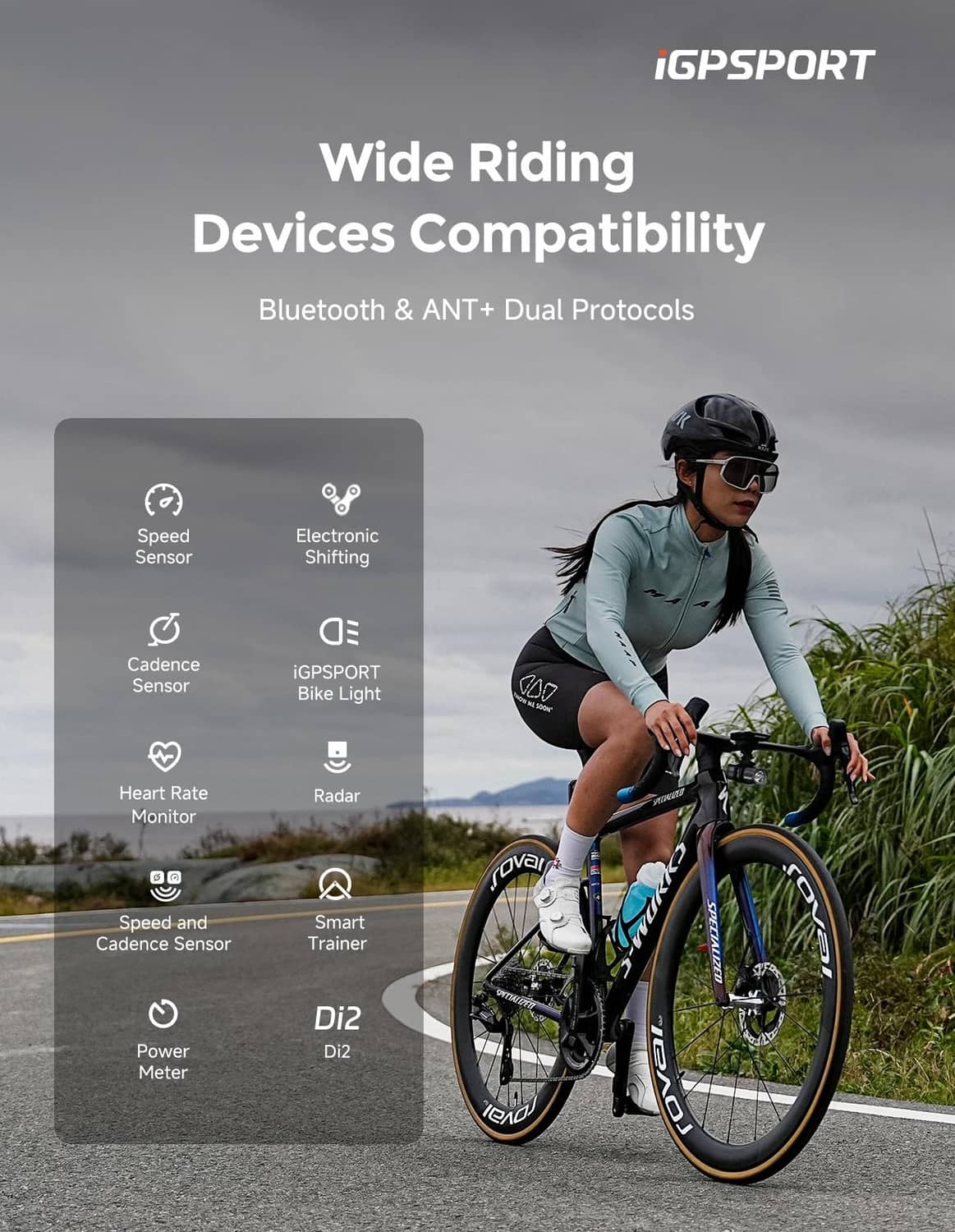 GPS bike computer with sensor and compatibility icons on screen, black body