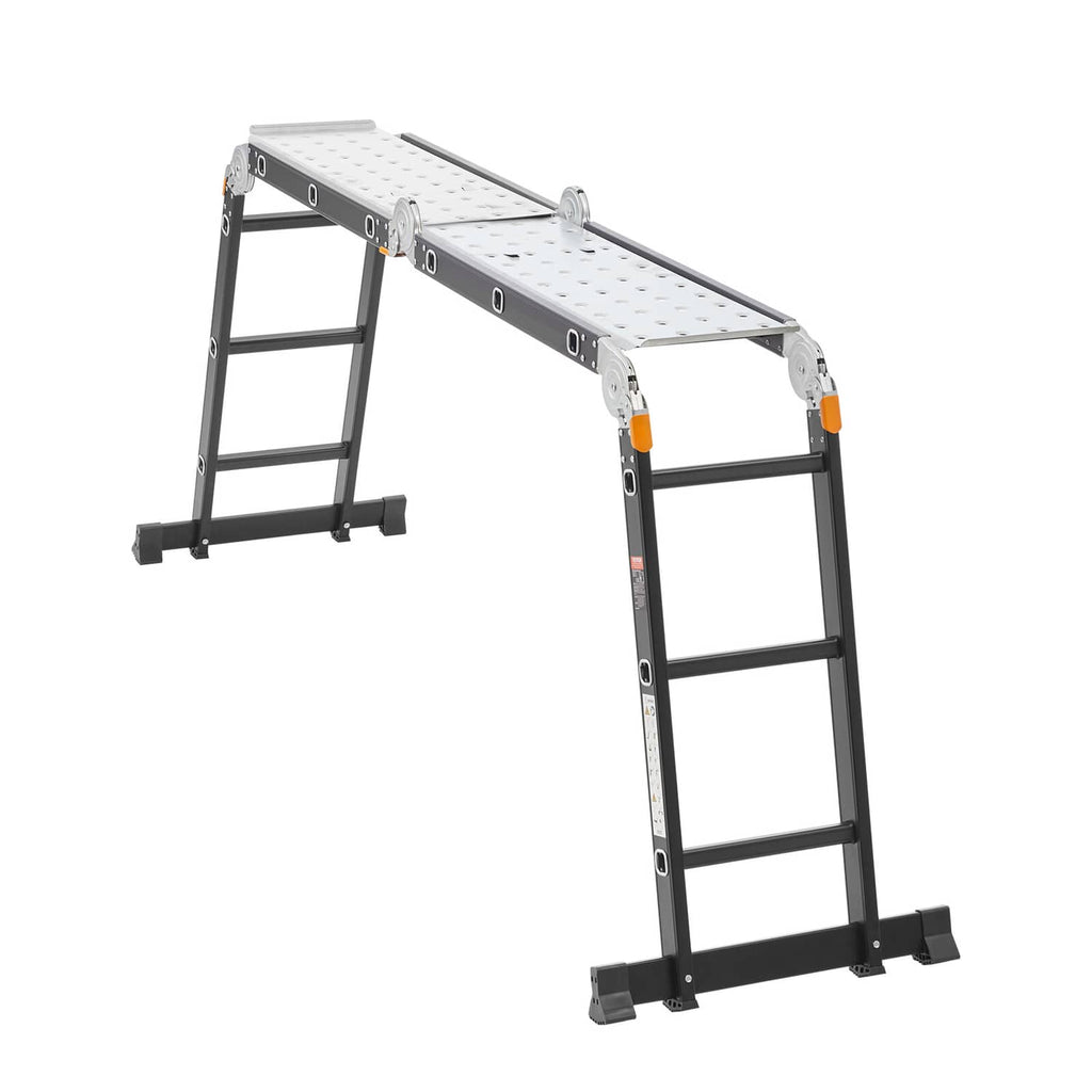 Extended folding ladder with scaffolding plank top, black frame and gray perforated platform