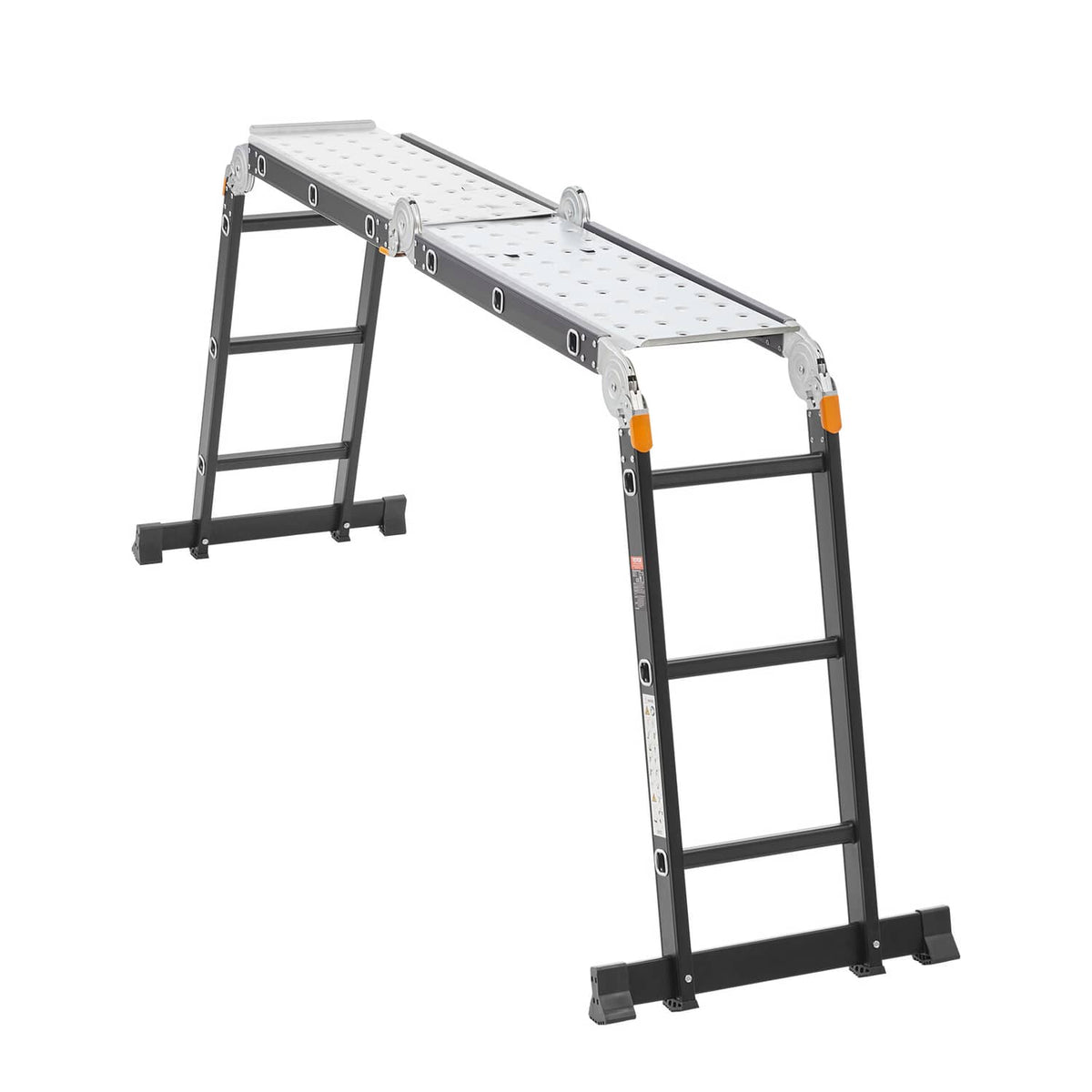 Extended folding ladder with scaffolding plank top, black frame and gray perforated platform