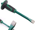 Flat end rock chisel showing steel tip, green shaft, and round safety hand guard