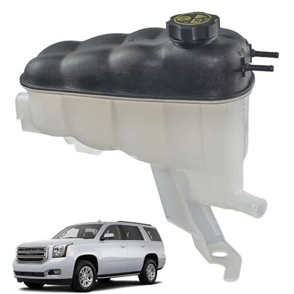 Coolant expansion reservoir tank with black cap, translucent body, and hose outlets