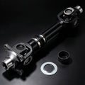 Rear propeller drive shaft with front and rear yoke joints, black and silver metal