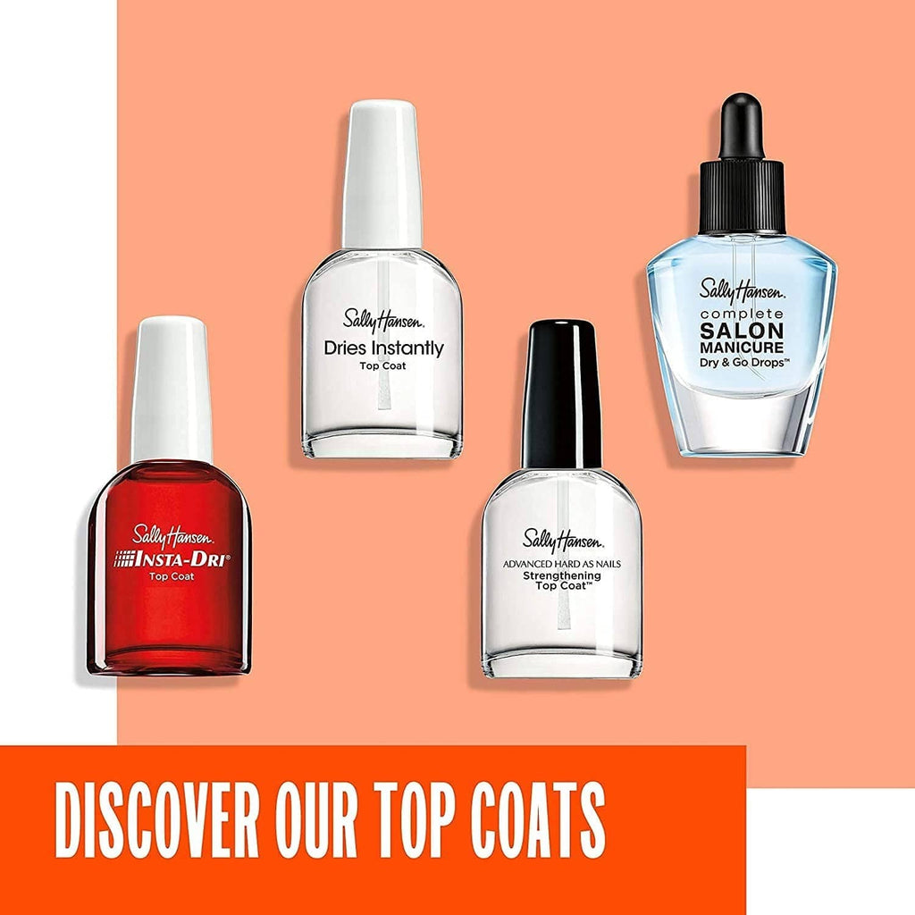 Assorted nail top coat bottles on display, including Insta-Dri and other Sally Hansen