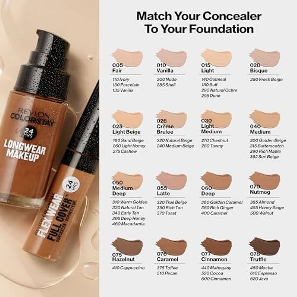 Revlon ColorStay longwear makeup bottles with shade-matching chart