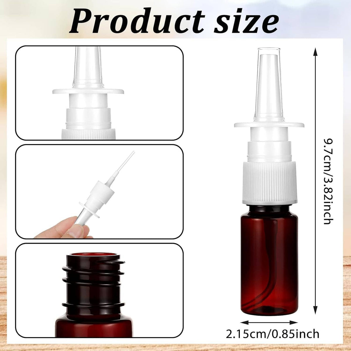 Nasal spray bottle with white nozzle showing size proportions beside sprayer parts