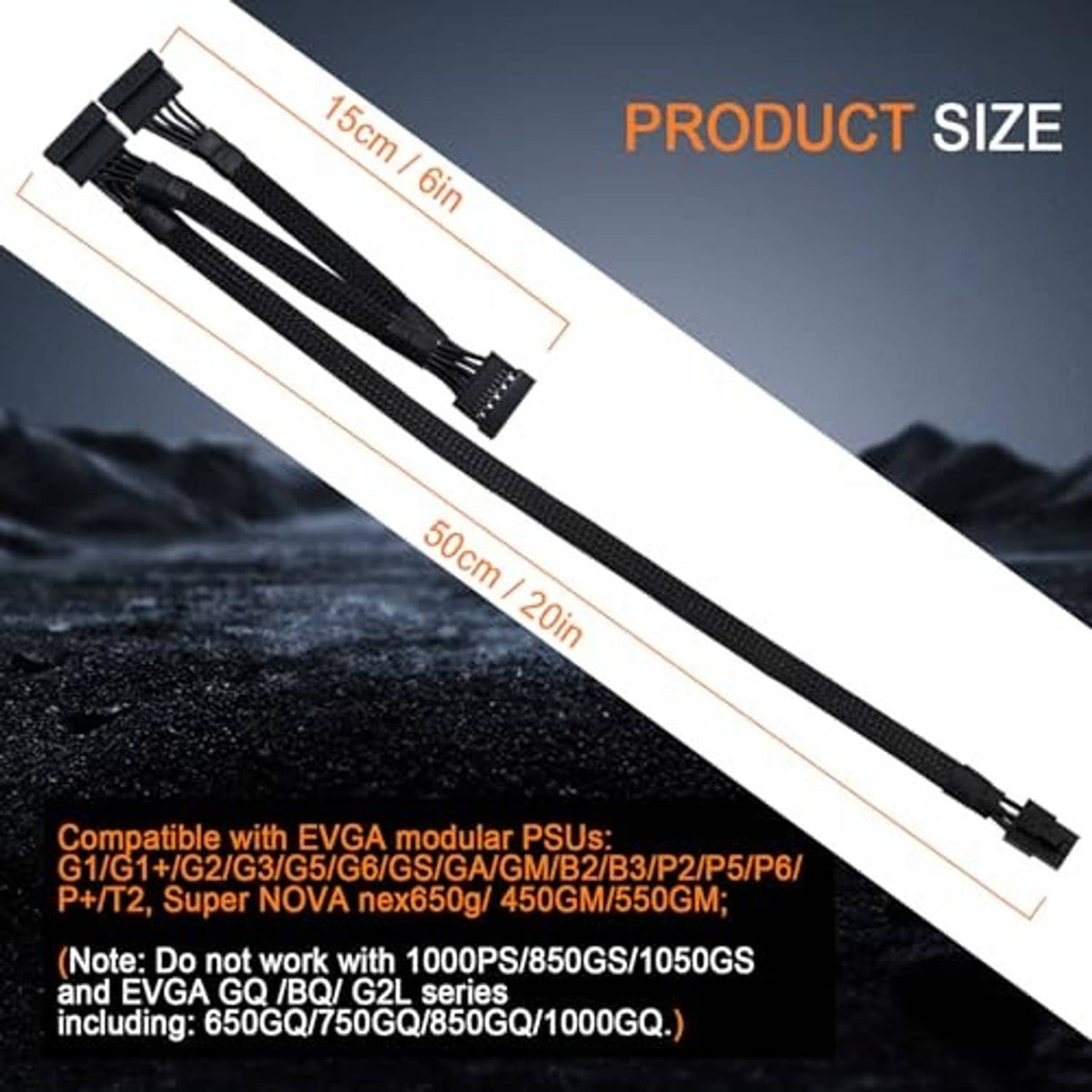 Braided black SATA power splitter cable with multiple connector ends and length