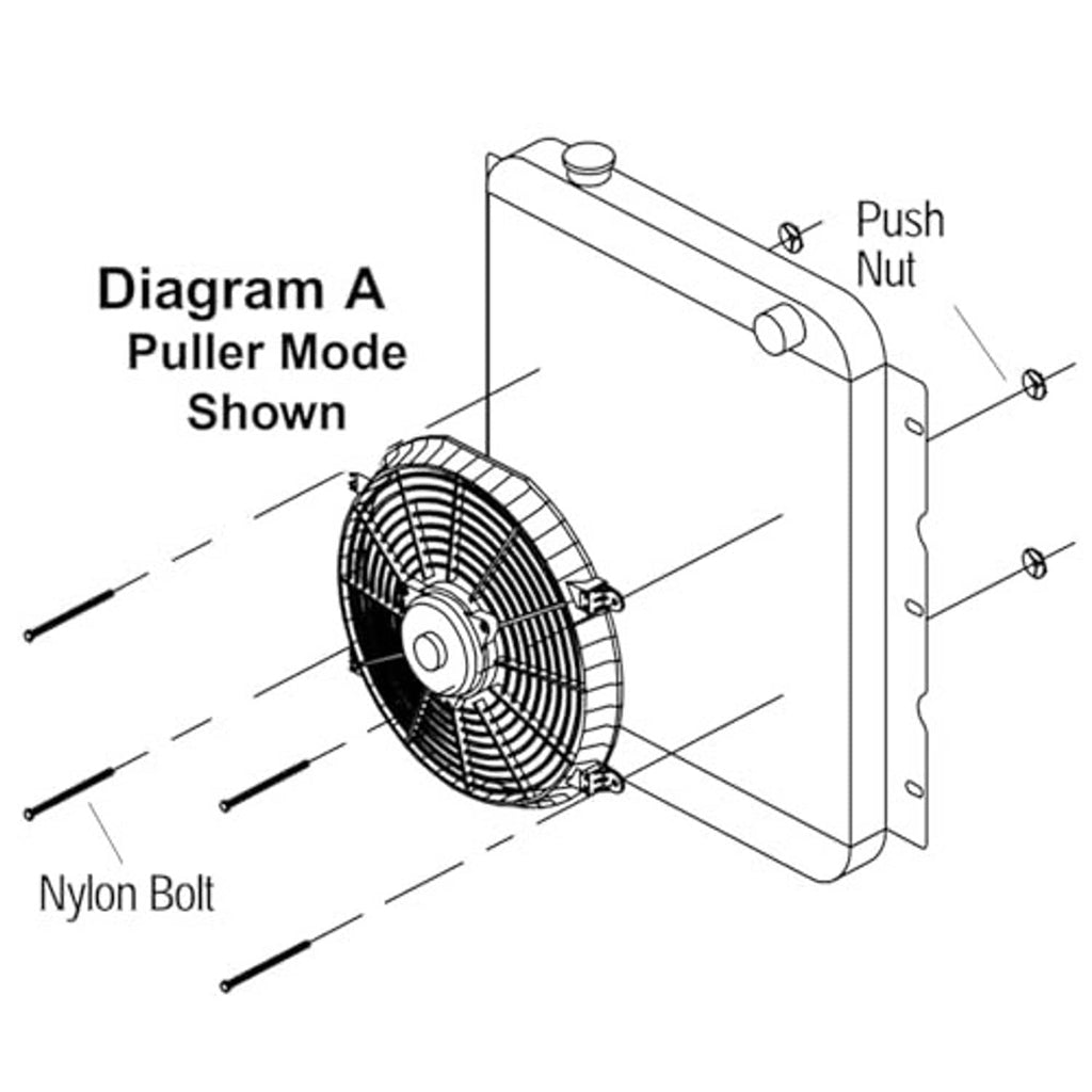 Electric radiator cooling fan with puller-mode diagram and push nut bracket hardware