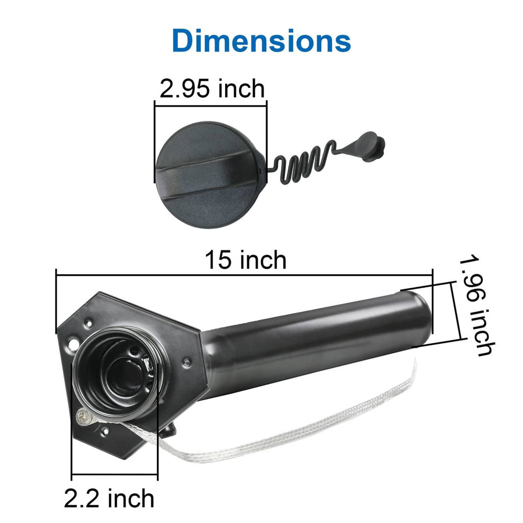 Fuel tank filler neck tube with cap and tether cable, shown with dimension guide