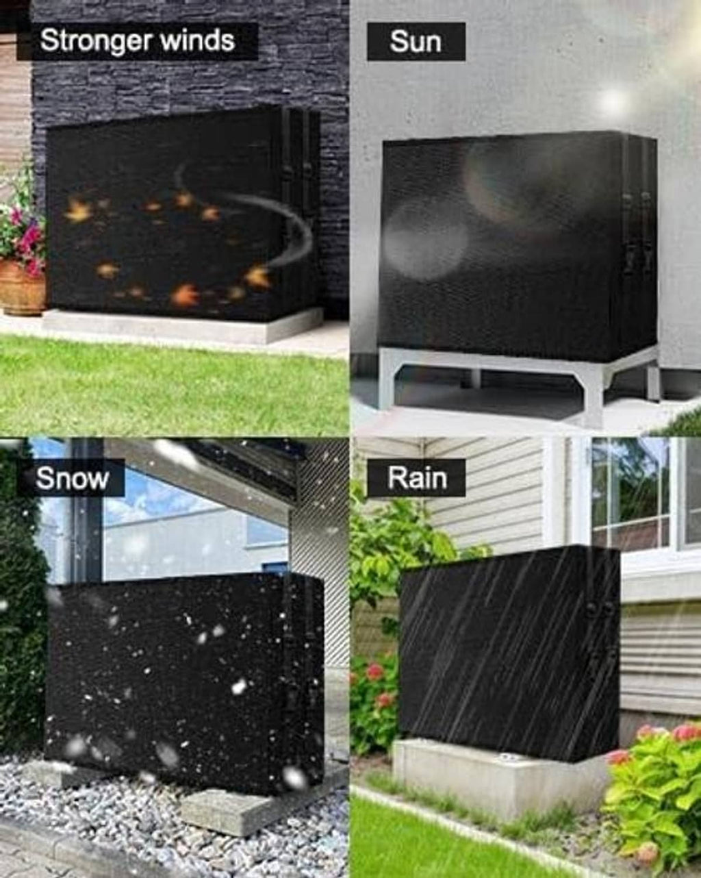 Black outdoor AC cover shielding unit from wind, sun, snow, and rain in collage.